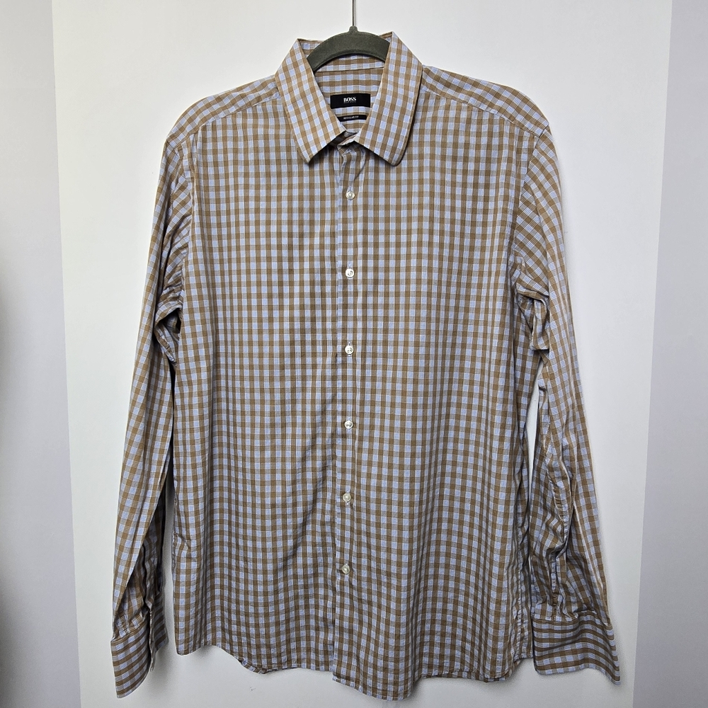 BOSS Hugo Boss Men's Regular Fit Gingham Long Sleeve Dress Shirt, Neck Size 16.5